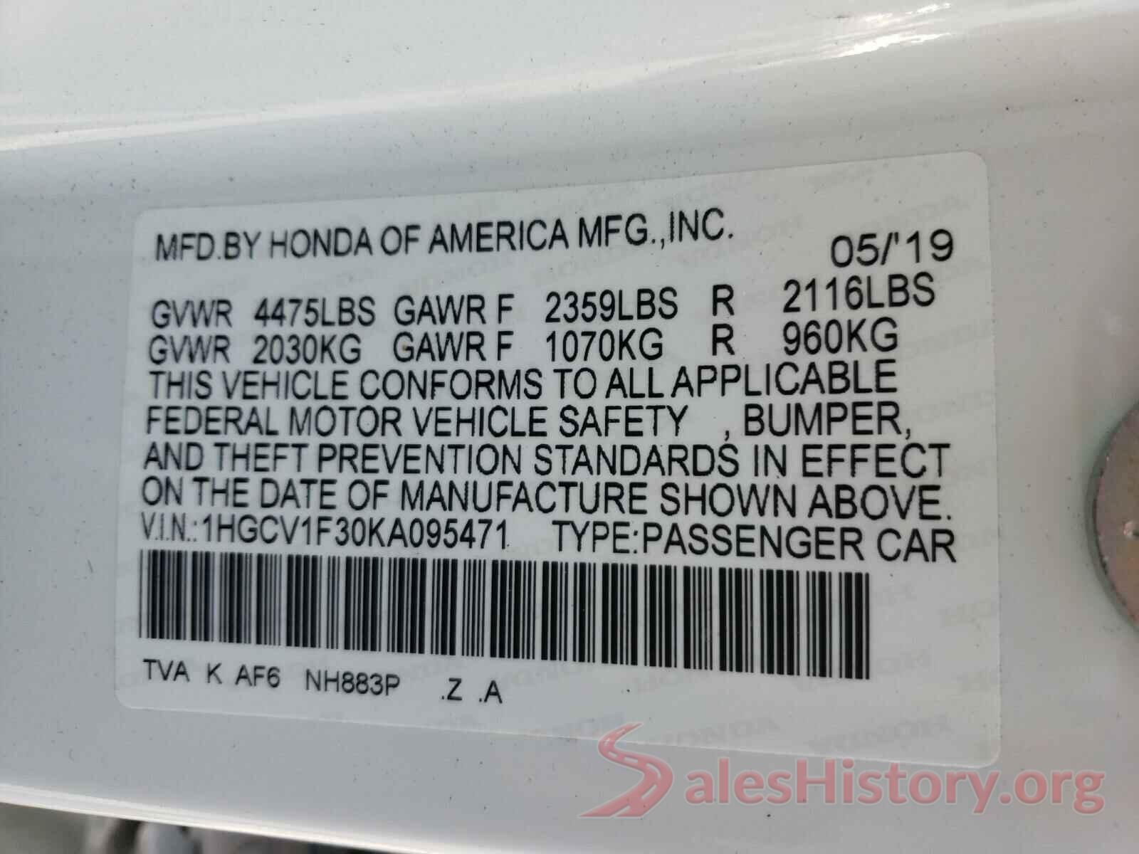 1HGCV1F30KA095471 2019 HONDA ACCORD