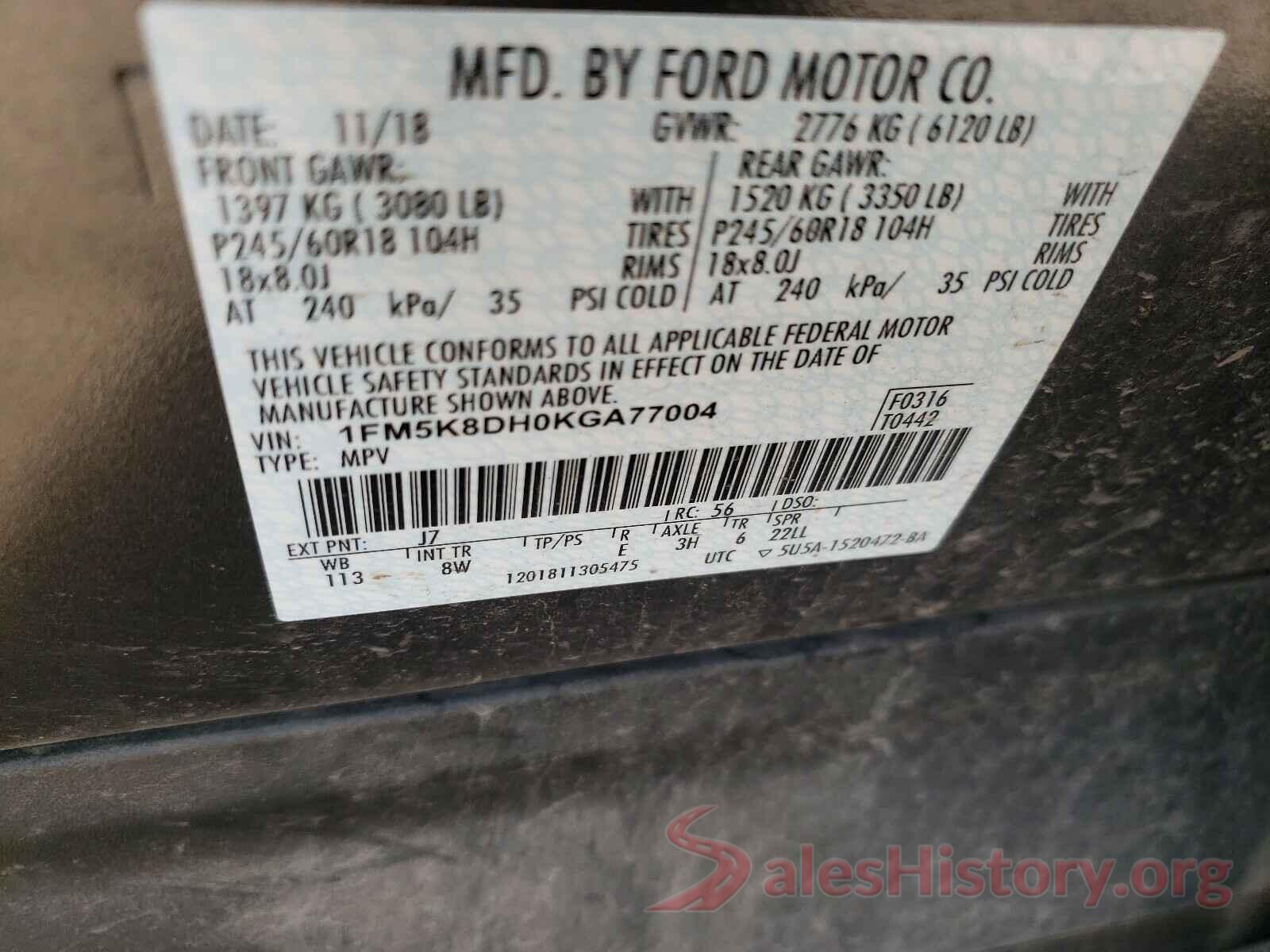 1FM5K8DH0KGA77004 2019 FORD EXPLORER