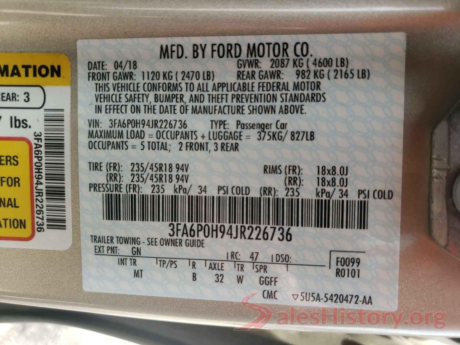 3FA6P0H94JR226736 2018 FORD FUSION