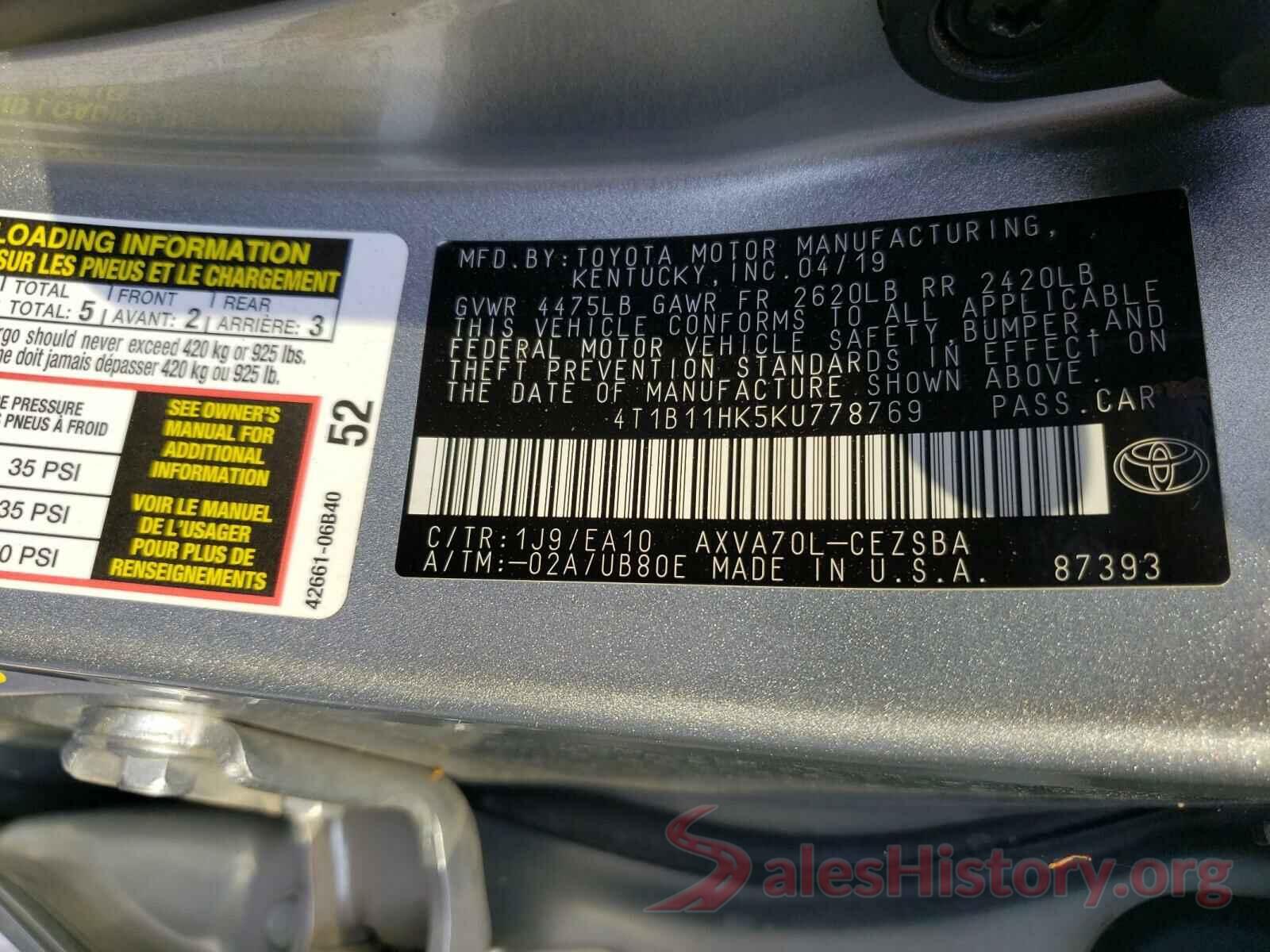 4T1B11HK5KU778769 2019 TOYOTA CAMRY