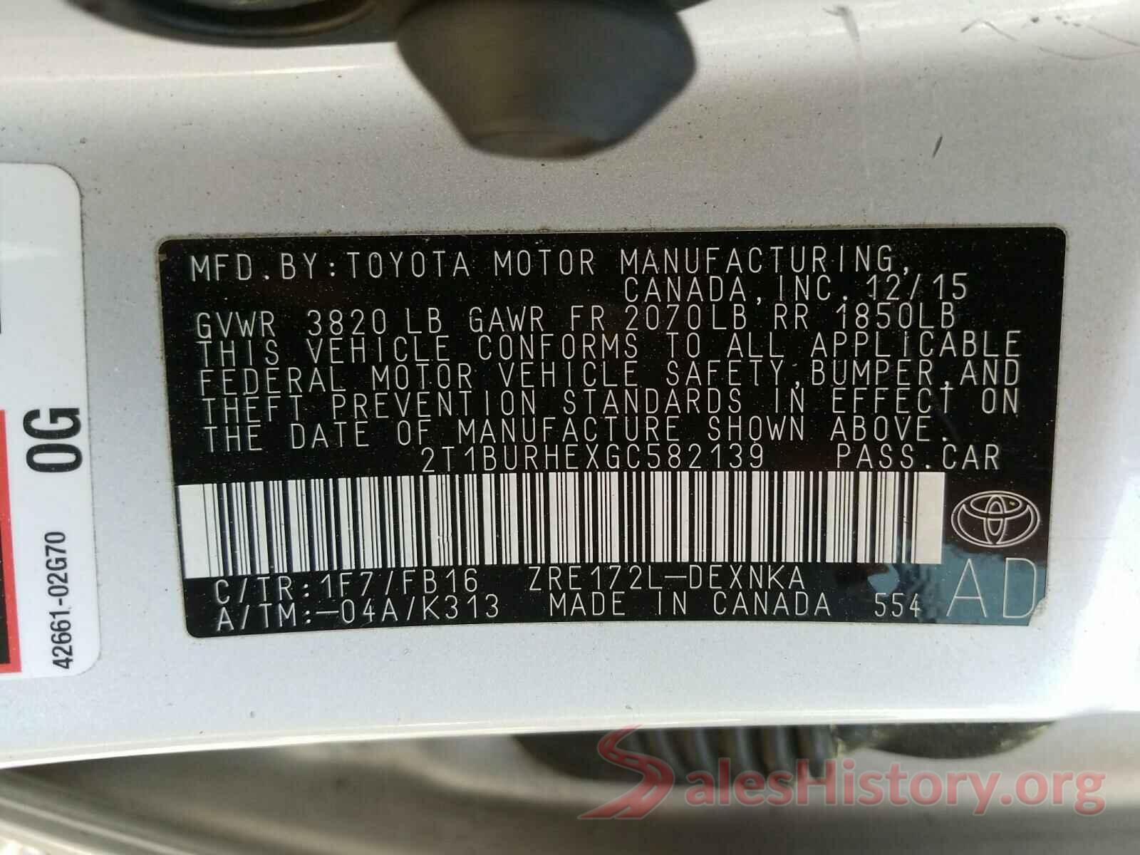 2T1BURHEXGC582139 2016 TOYOTA COROLLA