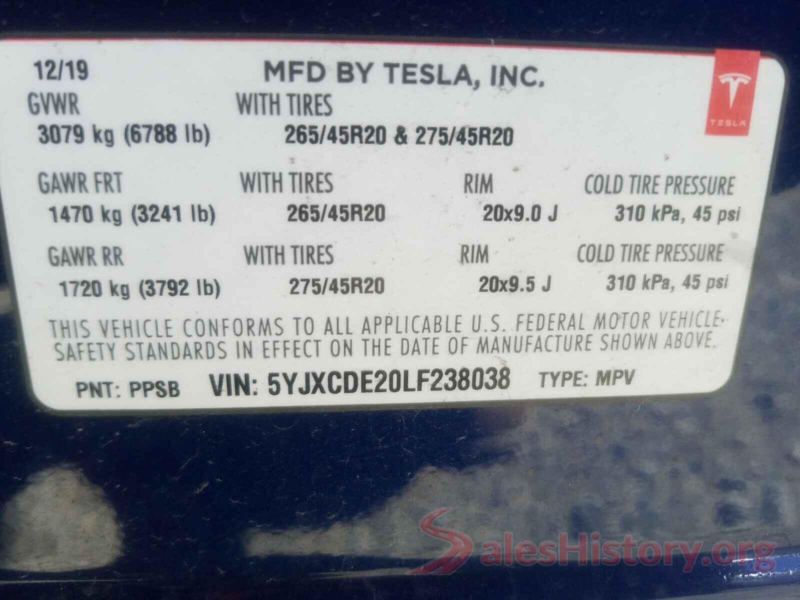 5YJXCDE20LF238038 2020 TESLA MODEL X