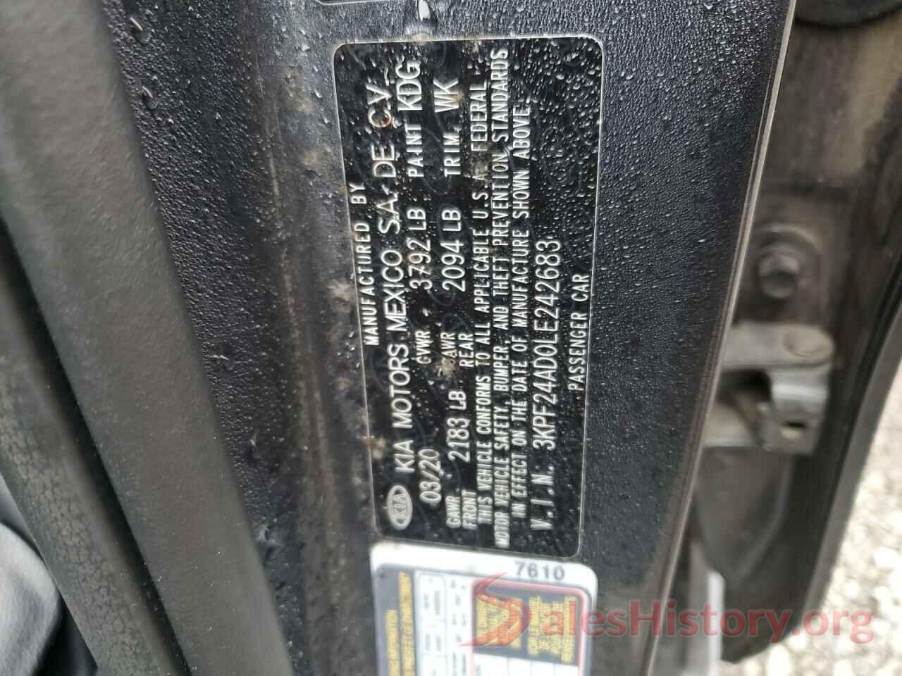 3KPF24AD0LE242683 2020 KIA FORTE