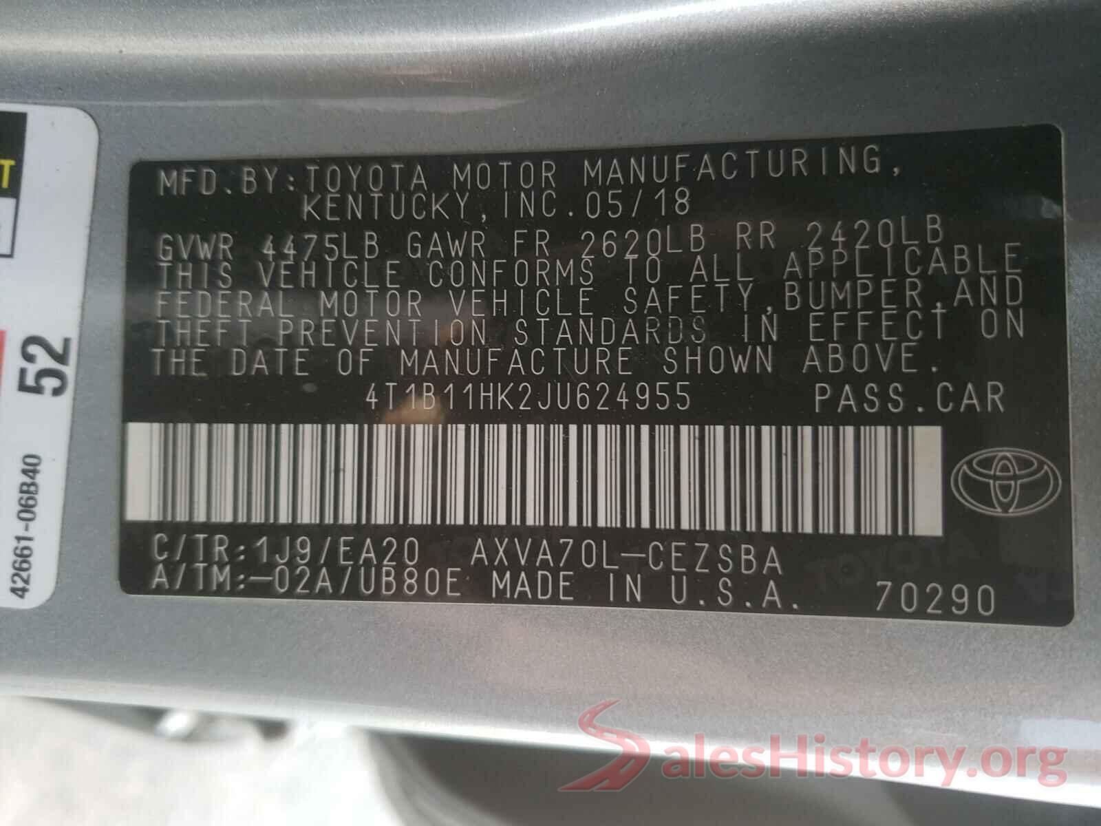 4T1B11HK2JU624955 2018 TOYOTA CAMRY