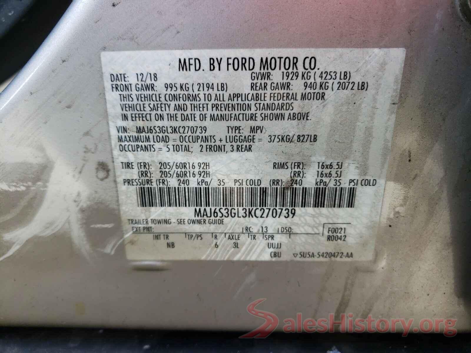 MAJ6S3GL3KC270739 2019 FORD ALL OTHER