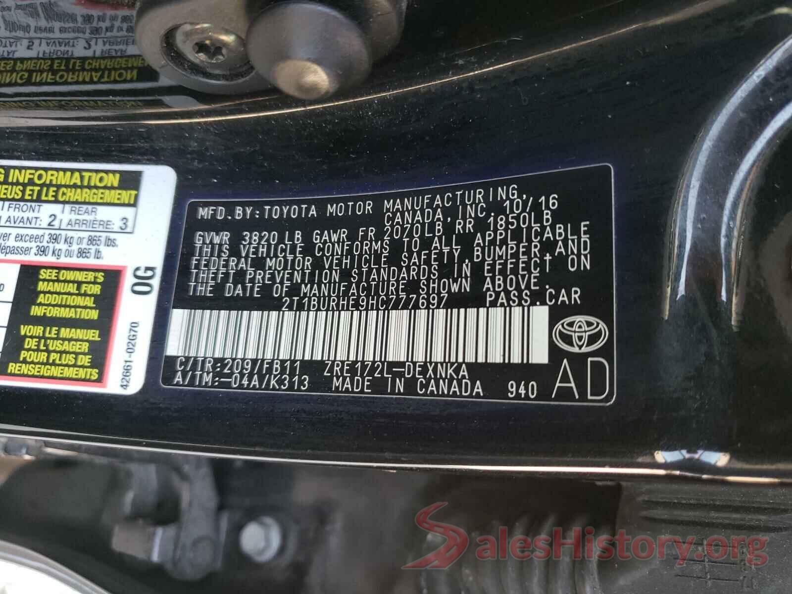 2T1BURHE9HC777697 2017 TOYOTA COROLLA