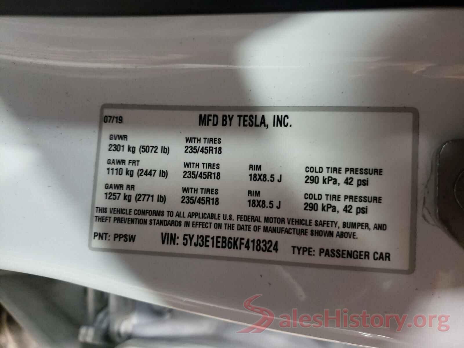 5YJ3E1EB6KF418324 2019 TESLA MODEL 3