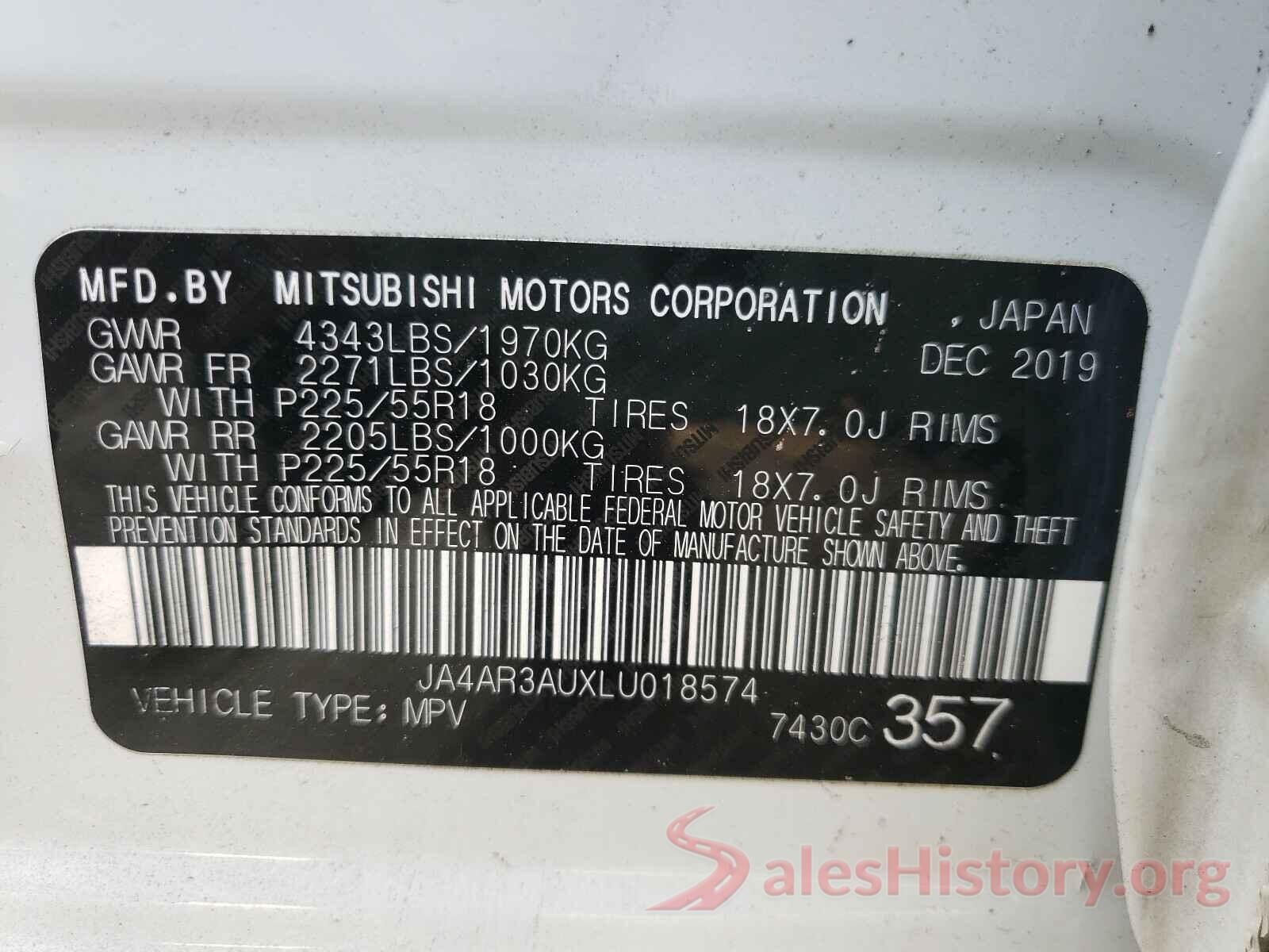 JA4AR3AUXLU018574 2020 MITSUBISHI OUTLANDER