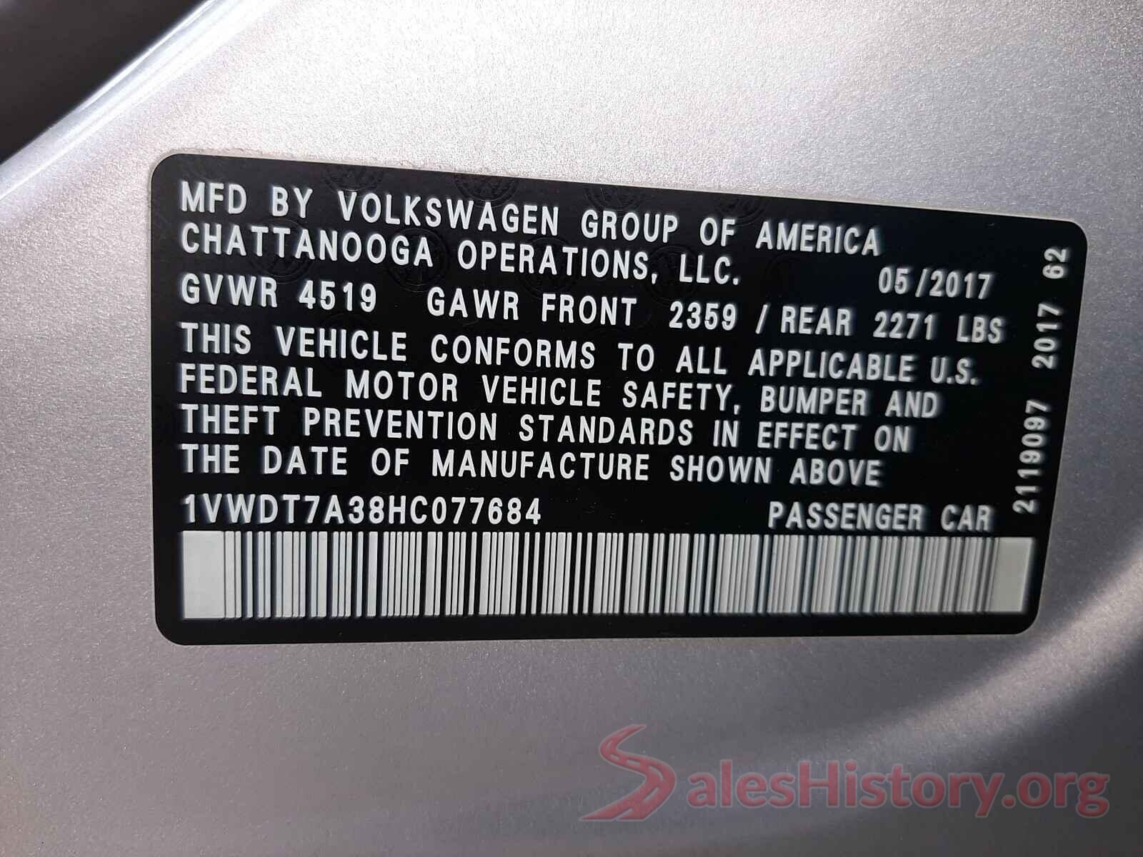 1VWDT7A38HC077684 2017 VOLKSWAGEN PASSAT