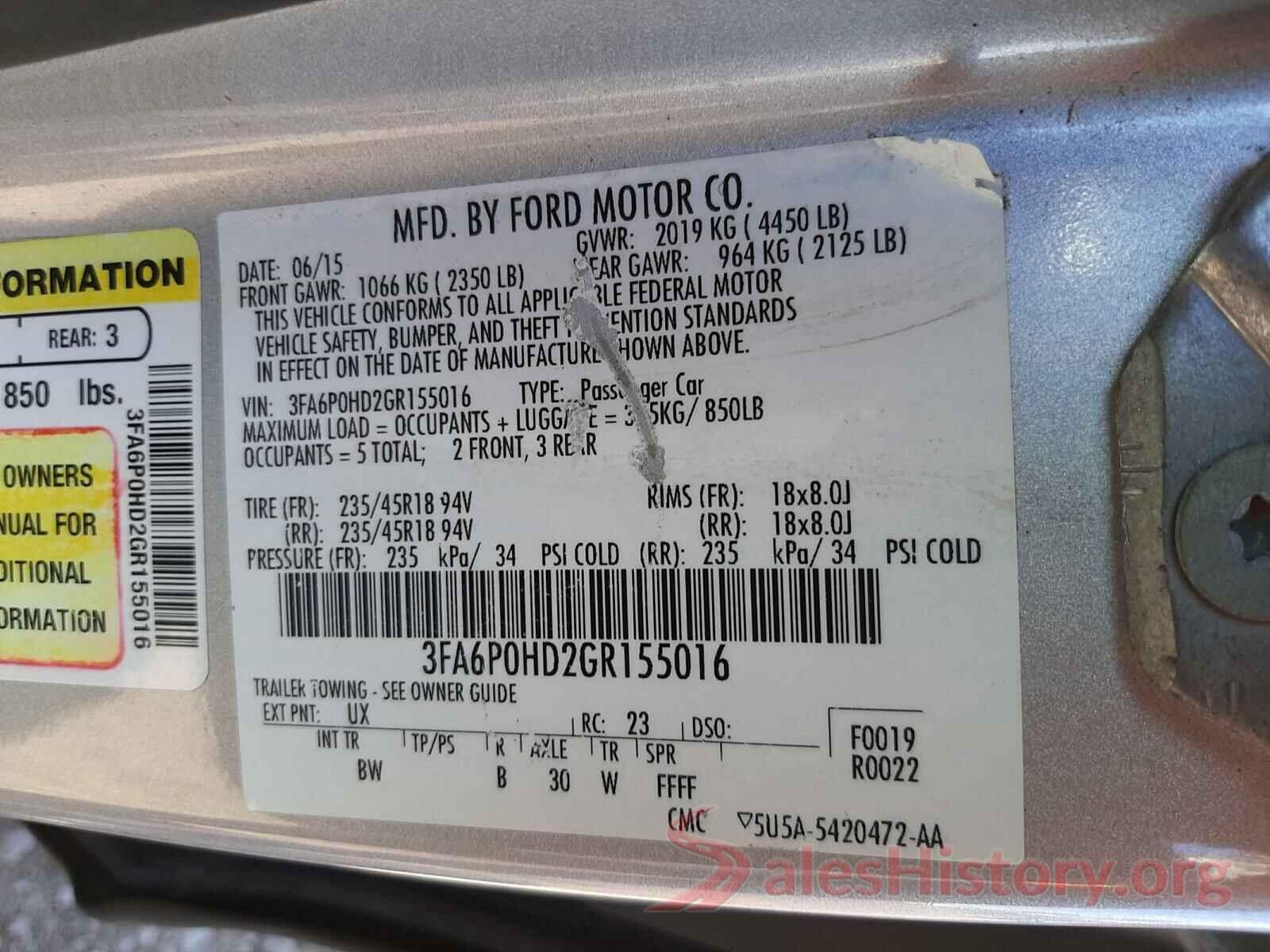 3FA6P0HD2GR155016 2016 FORD FUSION