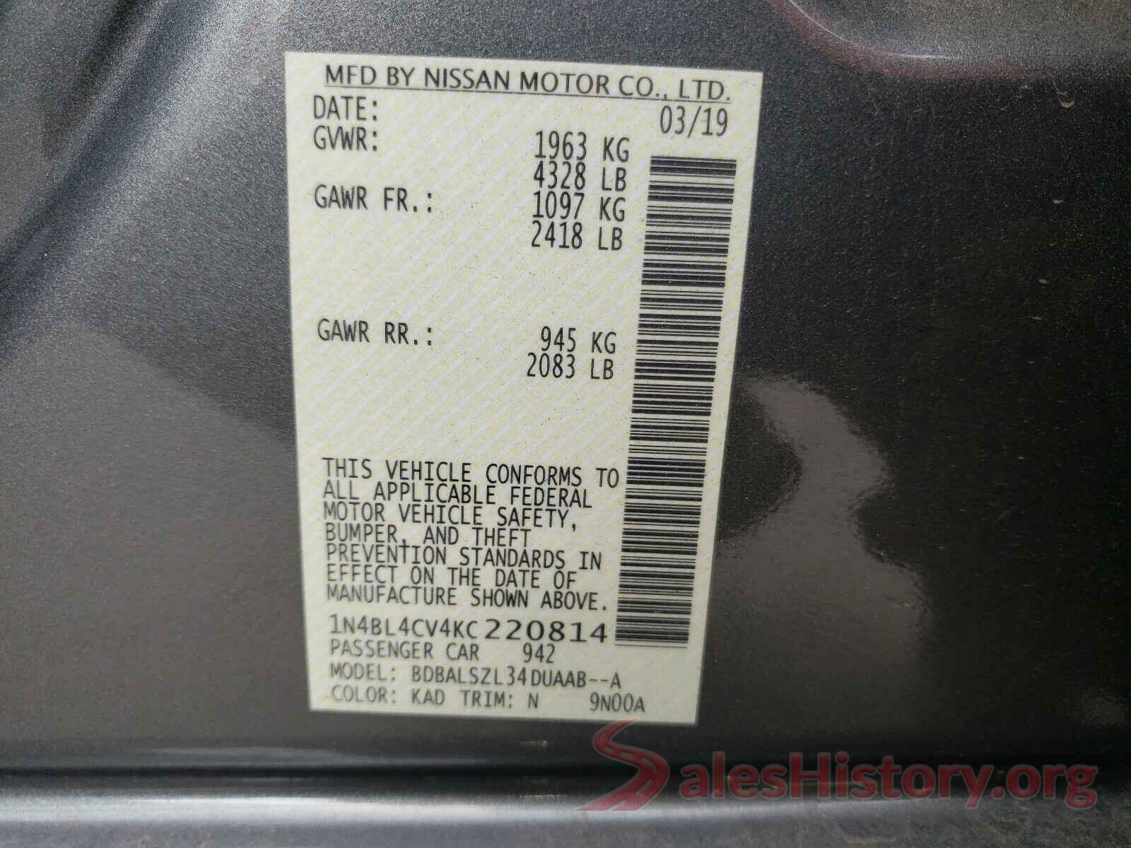 1N4BL4CV4KC220814 2019 NISSAN ALTIMA