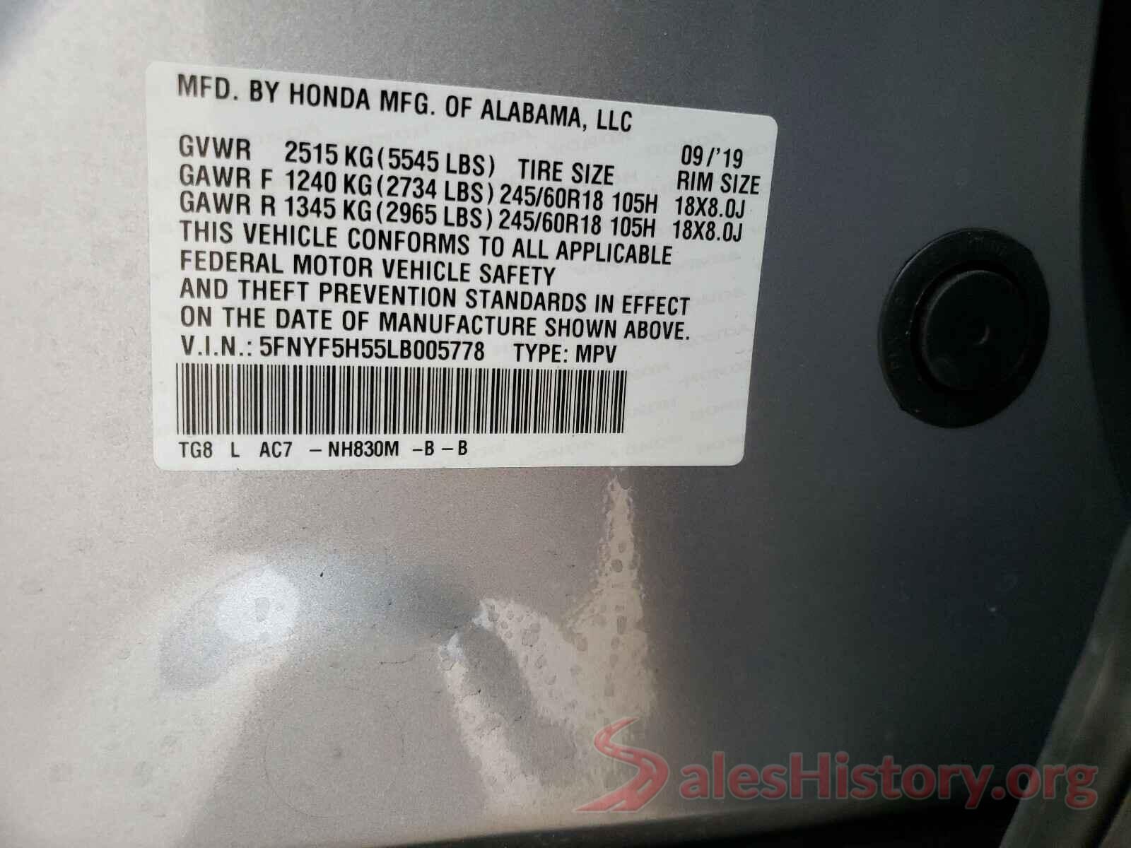 5FNYF5H55LB005778 2020 HONDA PILOT