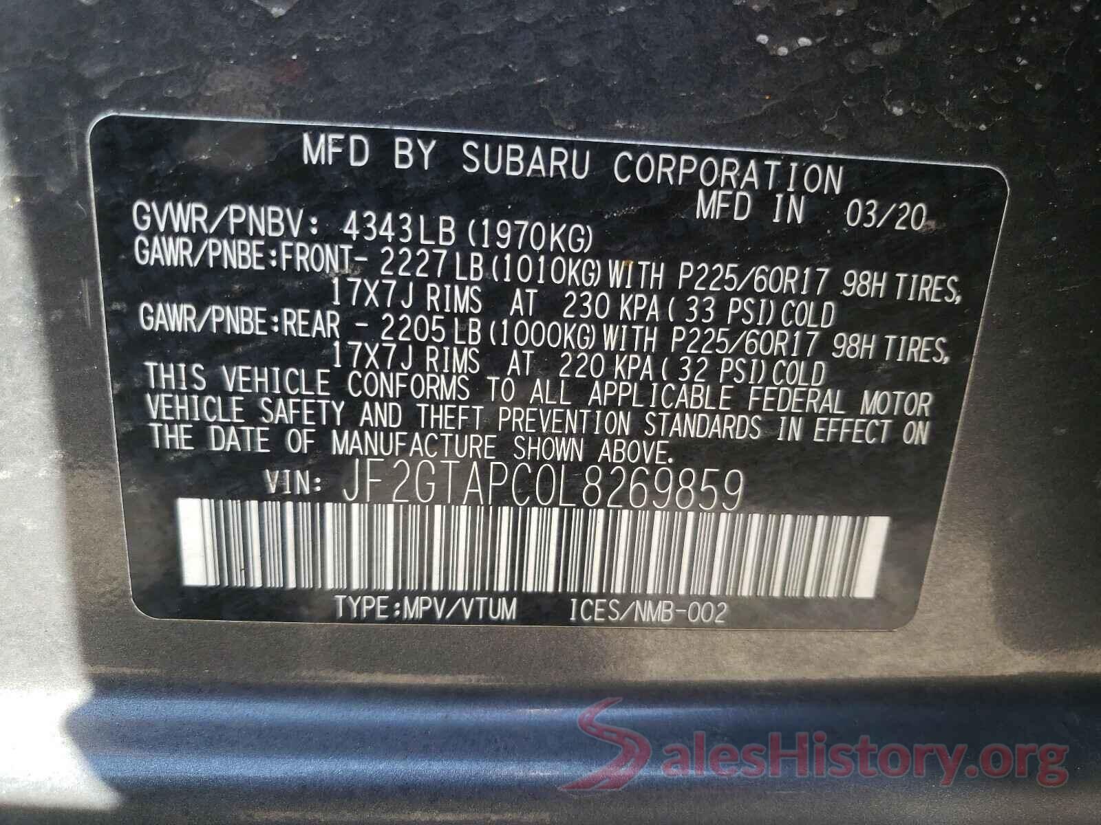 JF2GTAPC0L8269859 2020 SUBARU CROSSTREK