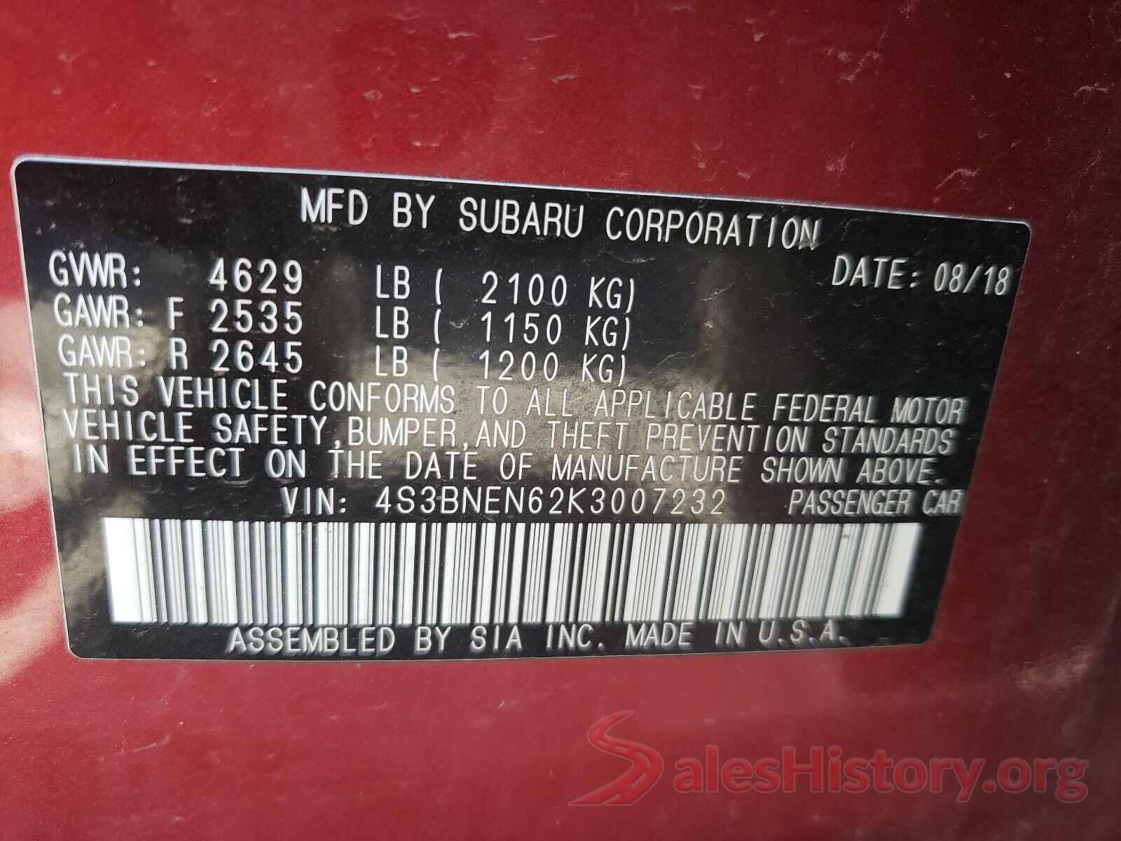 4S3BNEN62K3007232 2019 SUBARU LEGACY