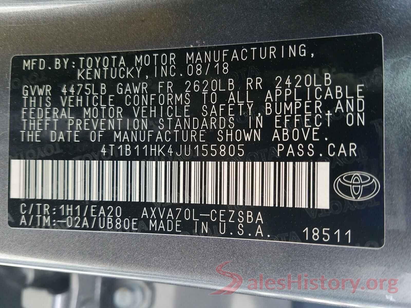 4T1B11HK4JU155805 2018 TOYOTA CAMRY