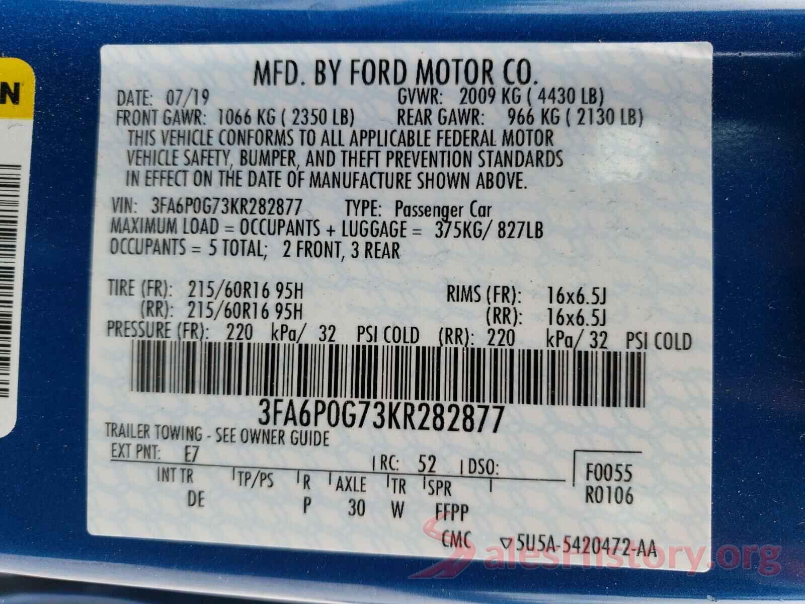 3FA6P0G73KR282877 2019 FORD FUSION