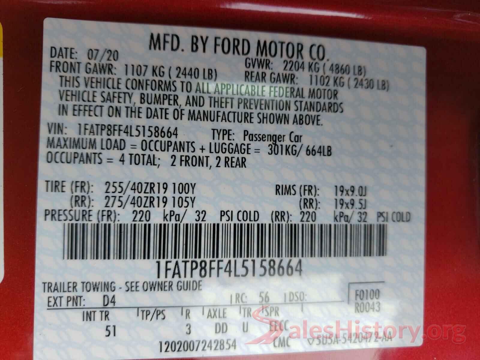 1FATP8FF4L5158664 2020 FORD MUSTANG