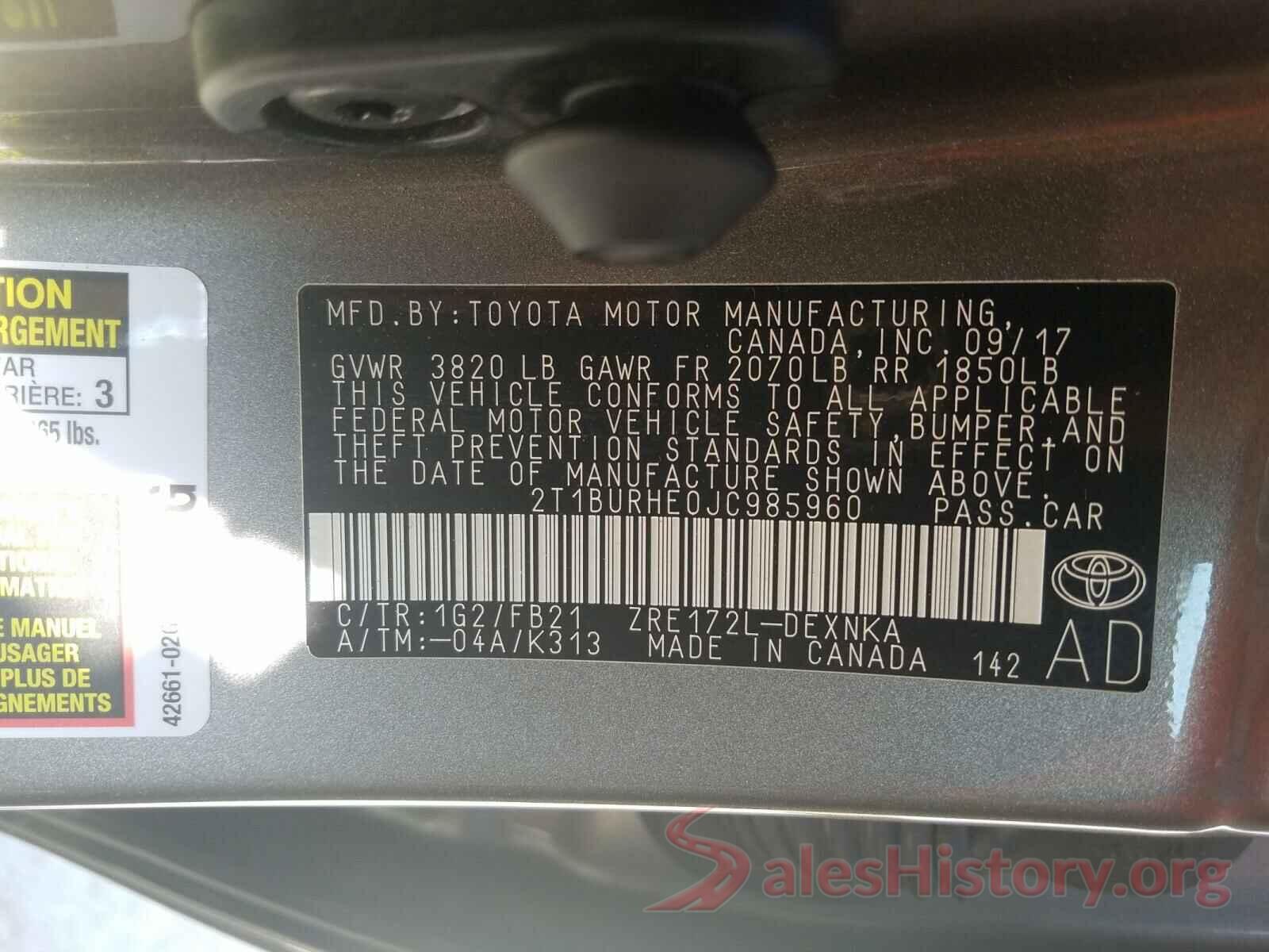 2T1BURHE0JC985960 2018 TOYOTA COROLLA