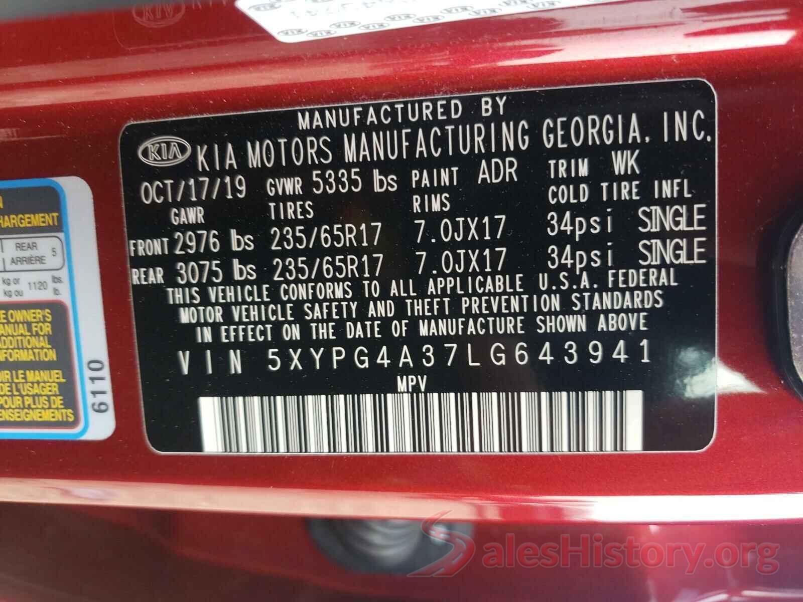 5XYPG4A37LG643941 2020 KIA SORENTO