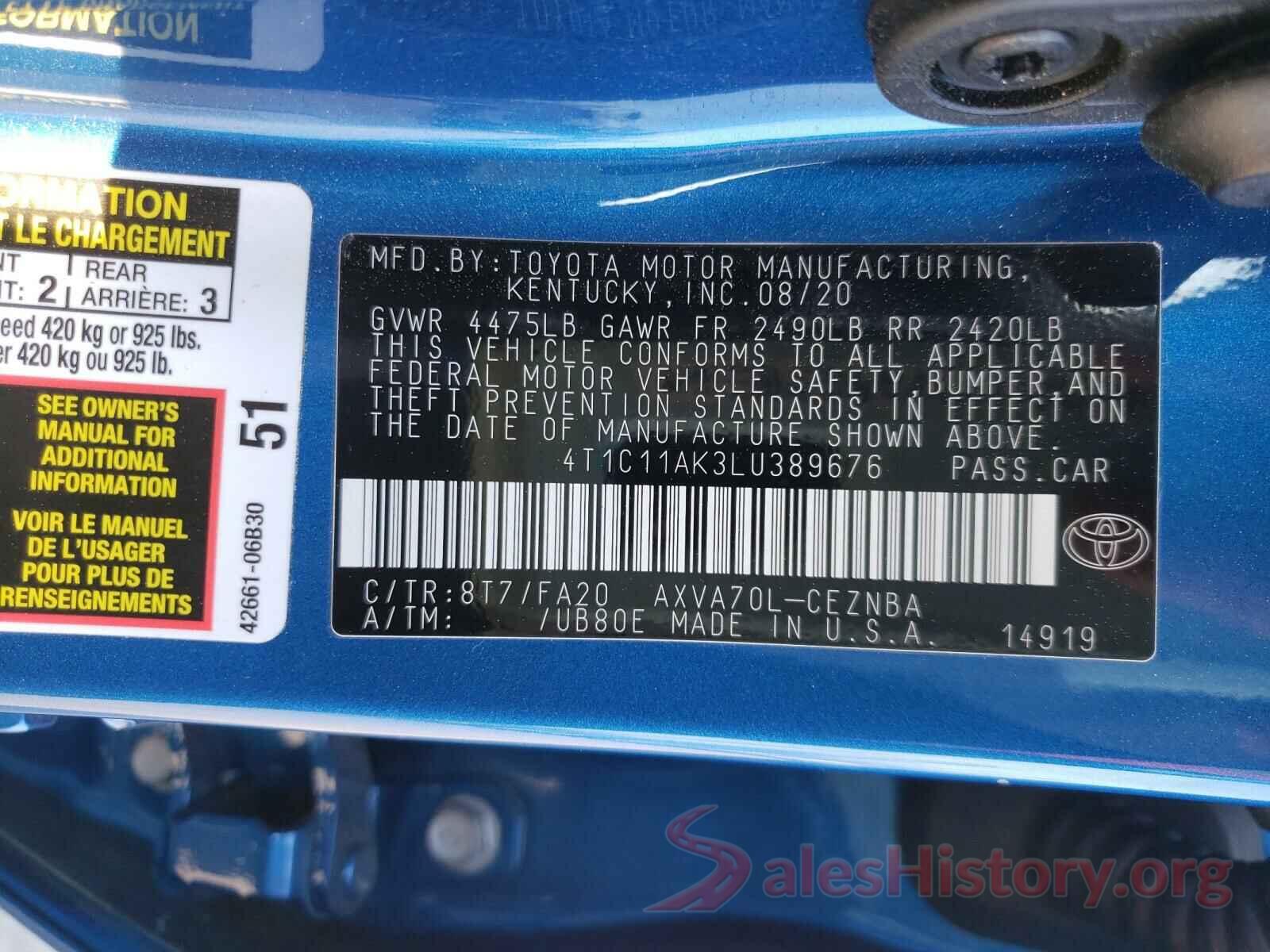 4T1C11AK3LU389676 2020 TOYOTA CAMRY