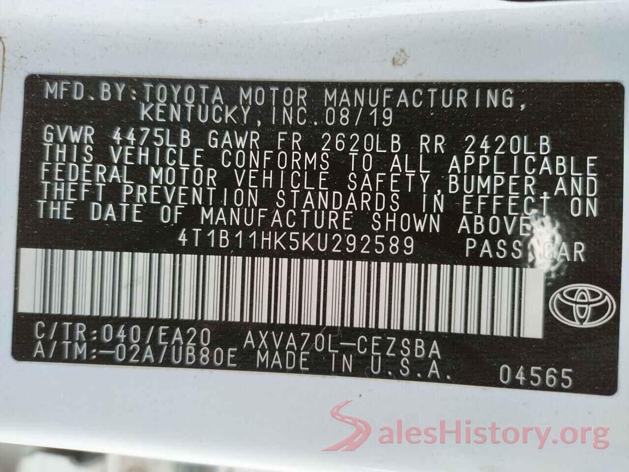 4T1B11HK5KU292589 2019 TOYOTA CAMRY