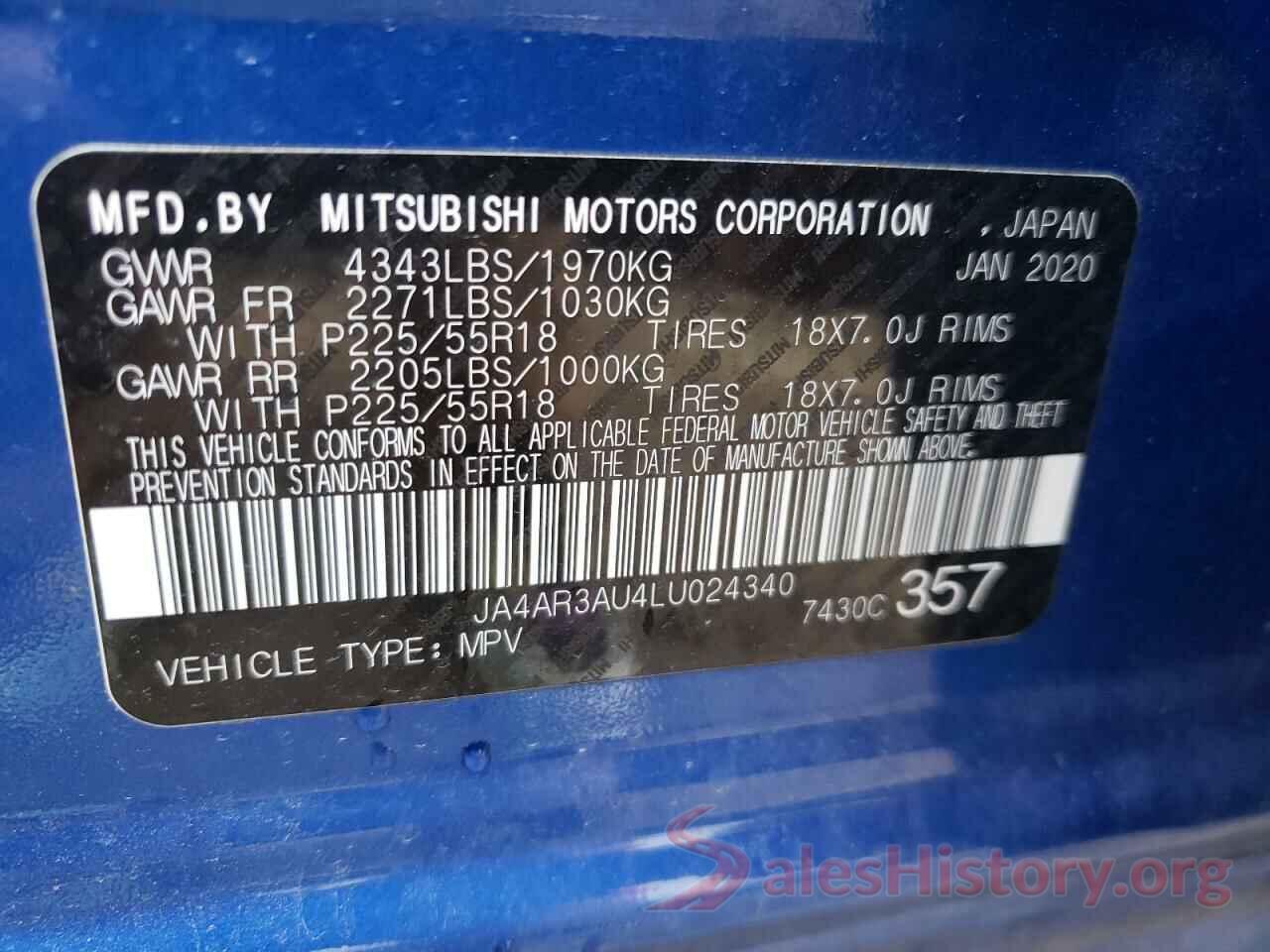 JA4AR3AU4LU024340 2020 MITSUBISHI OUTLANDER