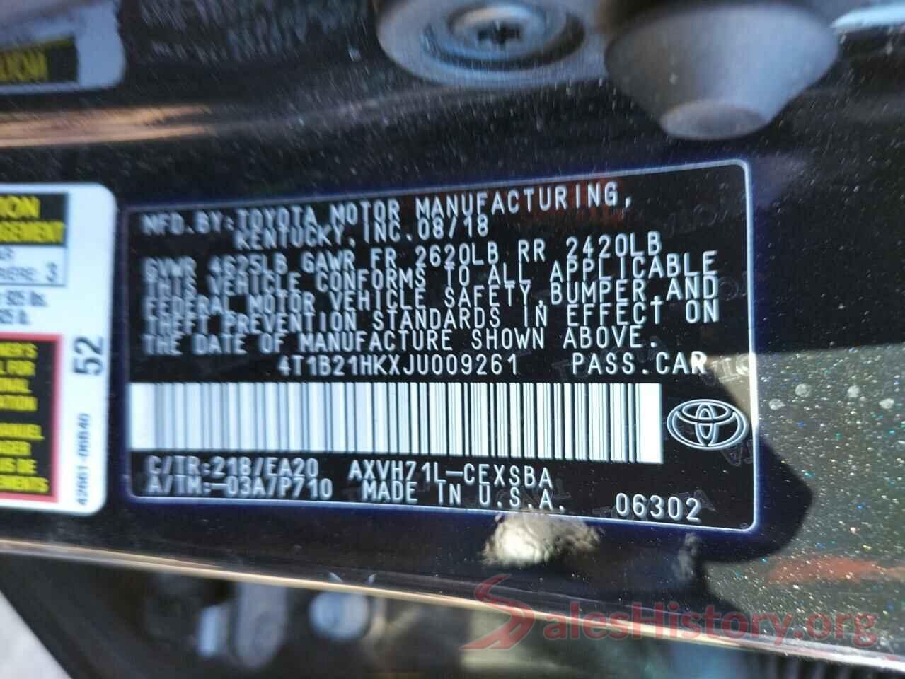 4T1B21HKXJU009261 2018 TOYOTA CAMRY