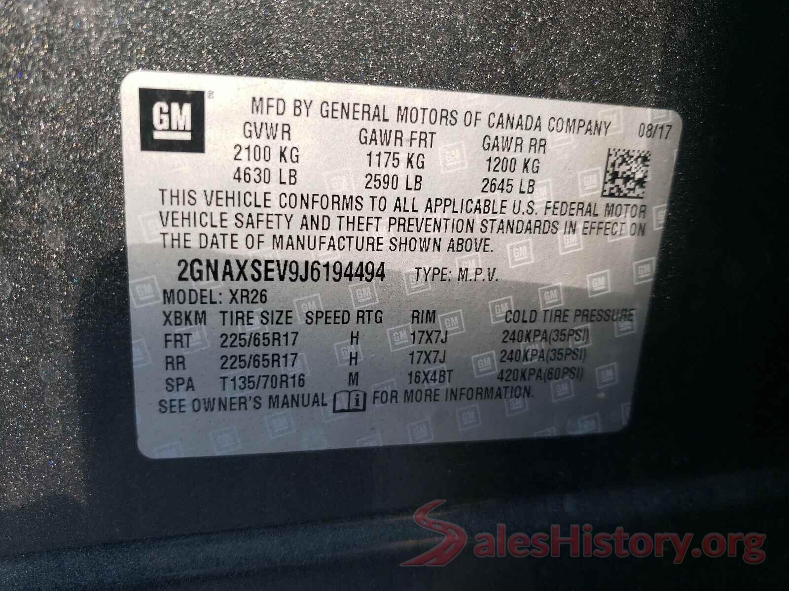 2GNAXSEV9J6194494 2018 CHEVROLET EQUINOX