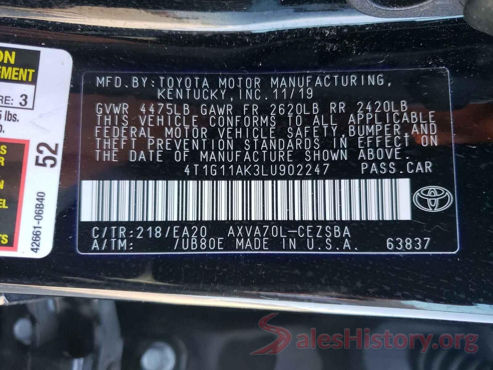 4T1G11AK3LU902247 2020 TOYOTA CAMRY