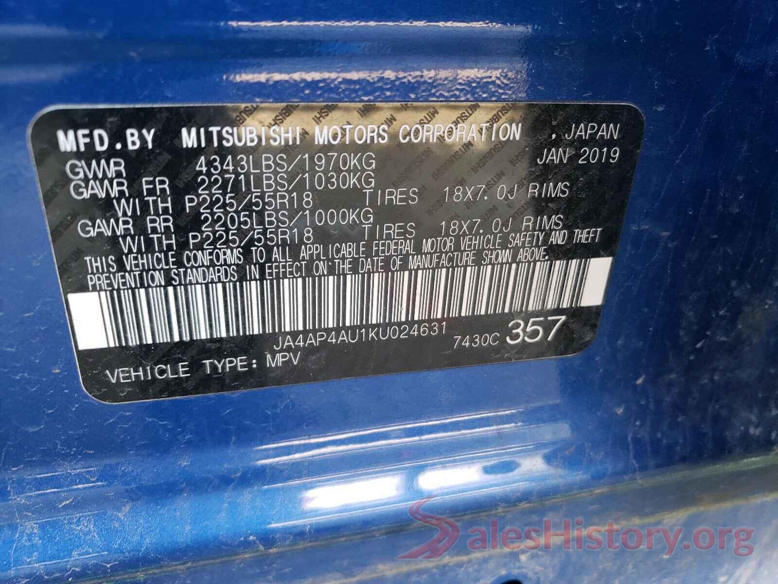 JA4AP4AU1KU024631 2019 MITSUBISHI OUTLANDER