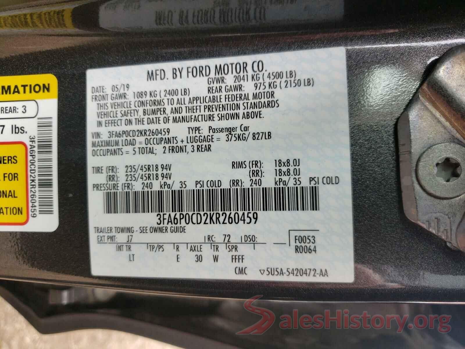 3FA6P0CD2KR260459 2019 FORD FUSION