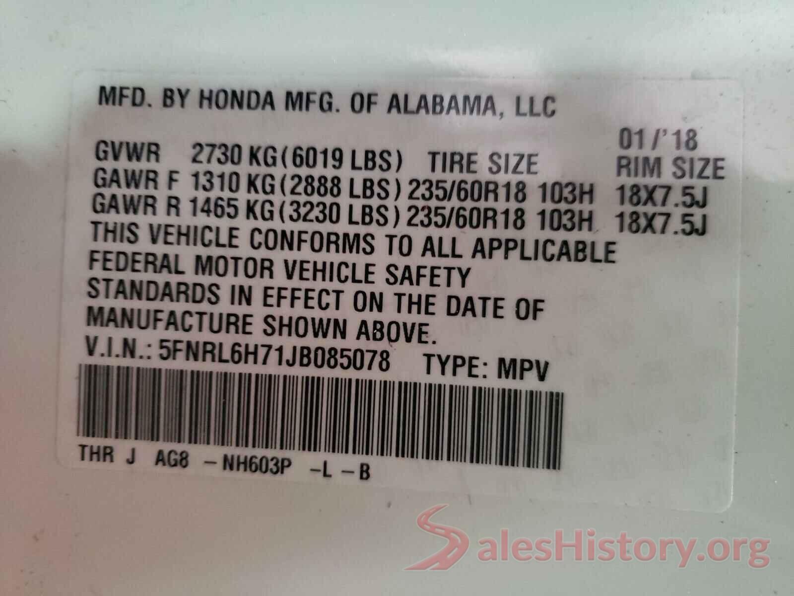 5FNRL6H71JB085078 2018 HONDA ODYSSEY