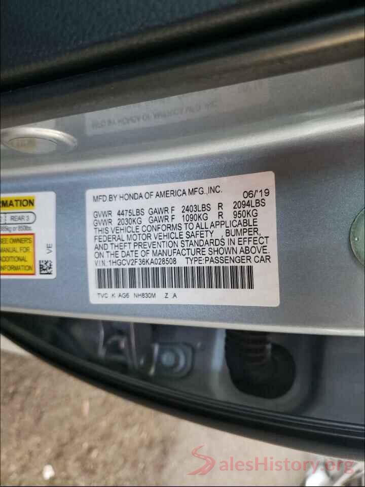 1HGCV2F36KA028508 2019 HONDA ACCORD