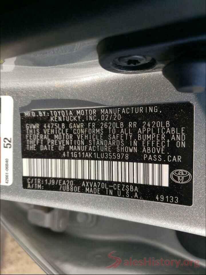 4T1G11AK1LU355978 2020 TOYOTA CAMRY