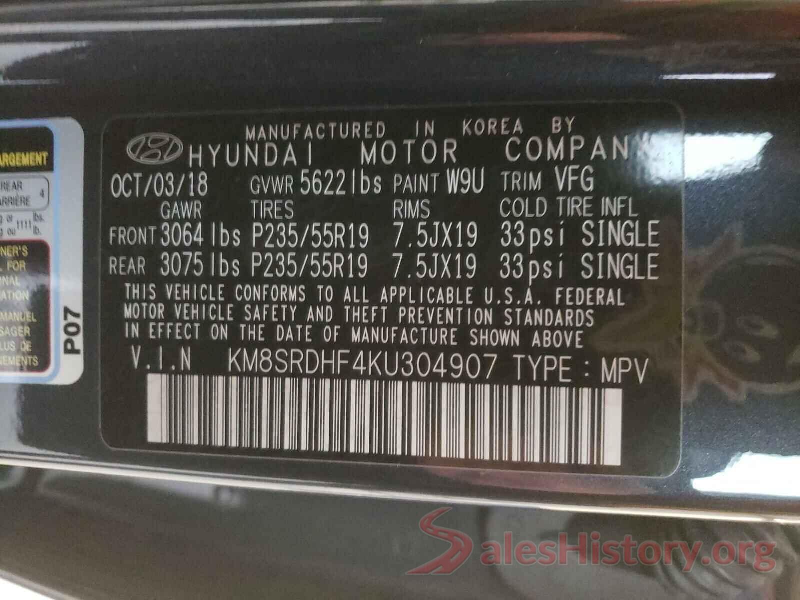 KM8SRDHF4KU304907 2019 HYUNDAI SANTA FE