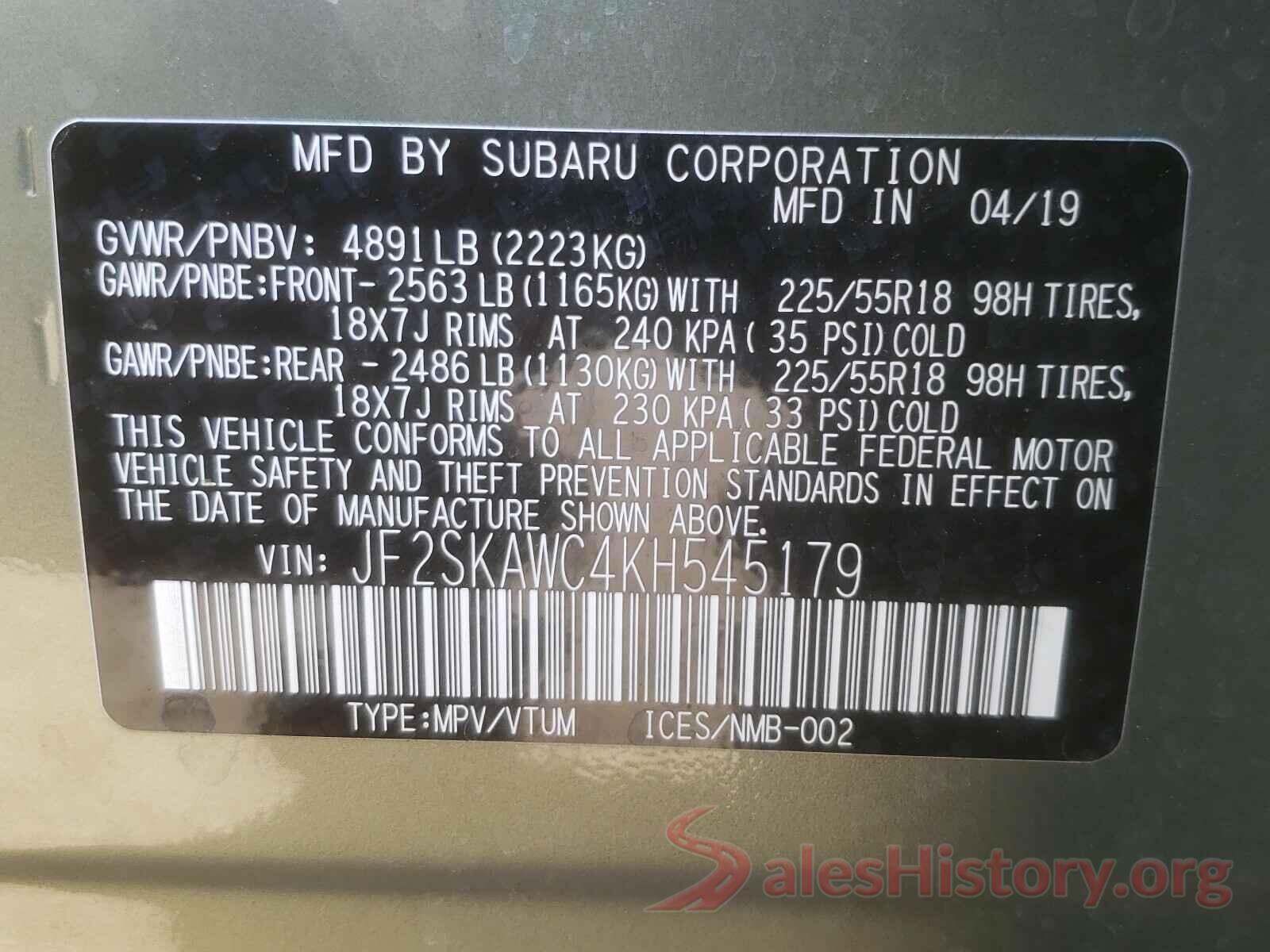 JF2SKAWC4KH545179 2019 SUBARU FORESTER