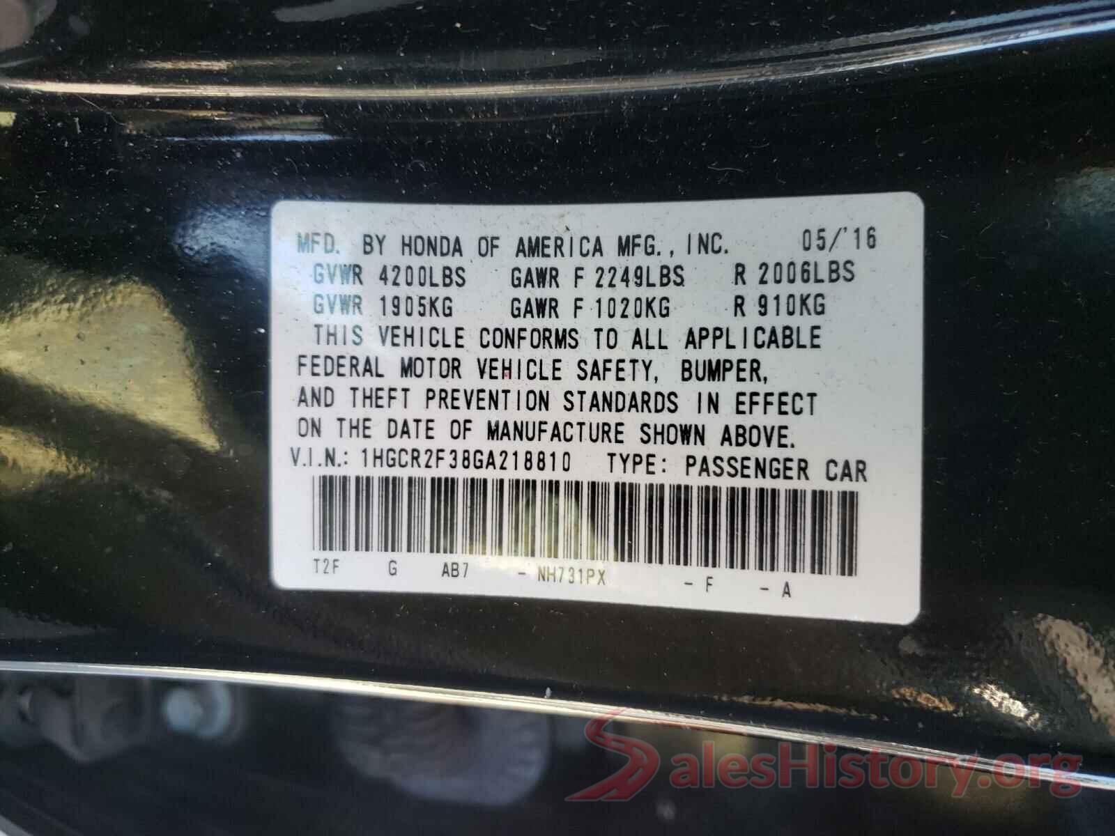 1HGCR2F38GA218810 2016 HONDA ACCORD