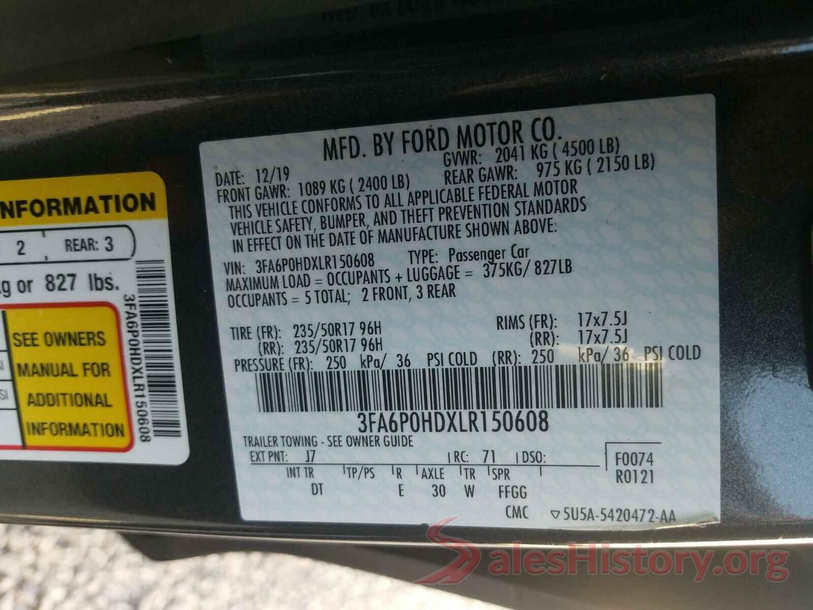 3FA6P0HDXLR150608 2020 FORD FUSION