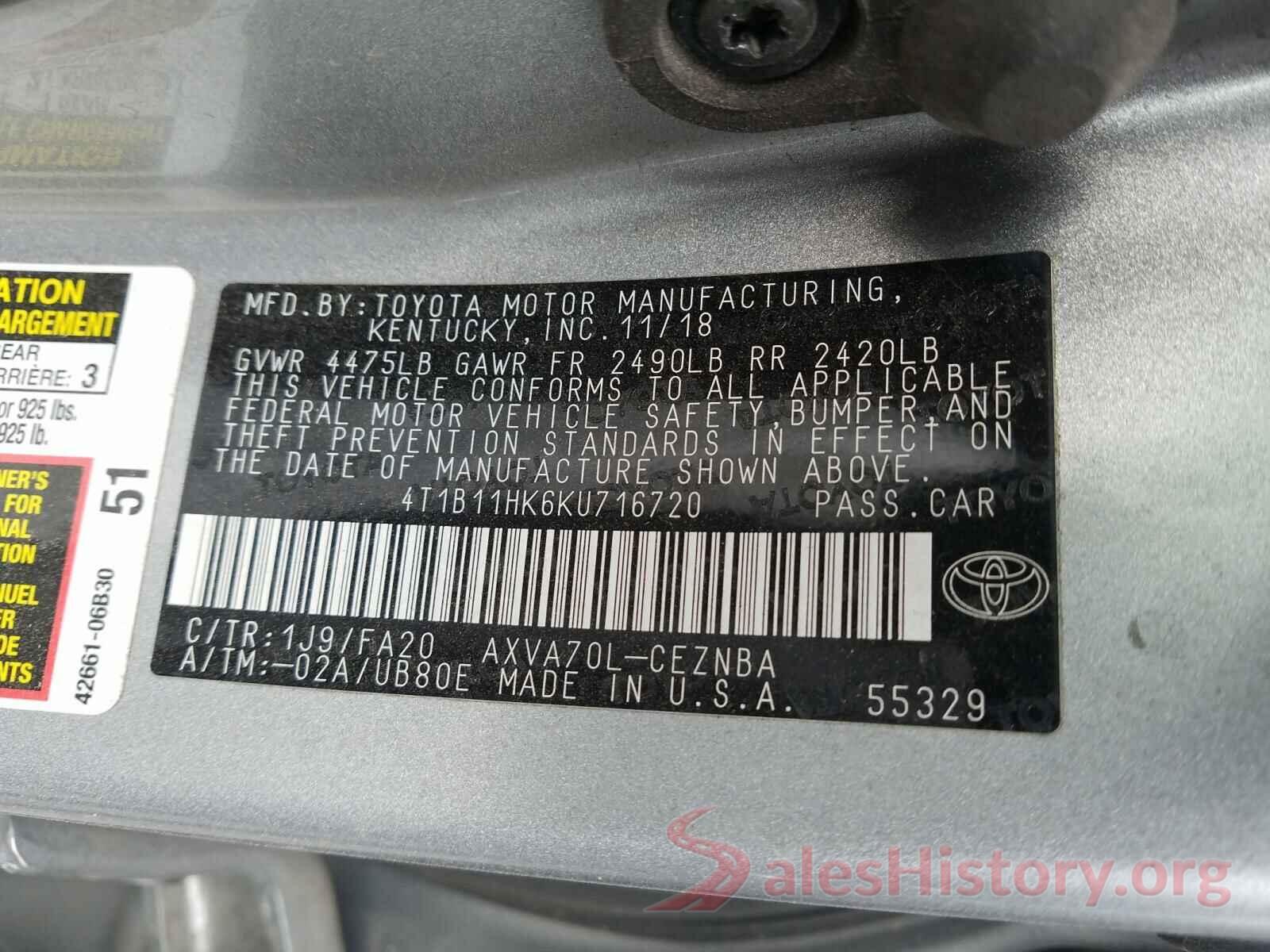 4T1B11HK6KU716720 2019 TOYOTA CAMRY