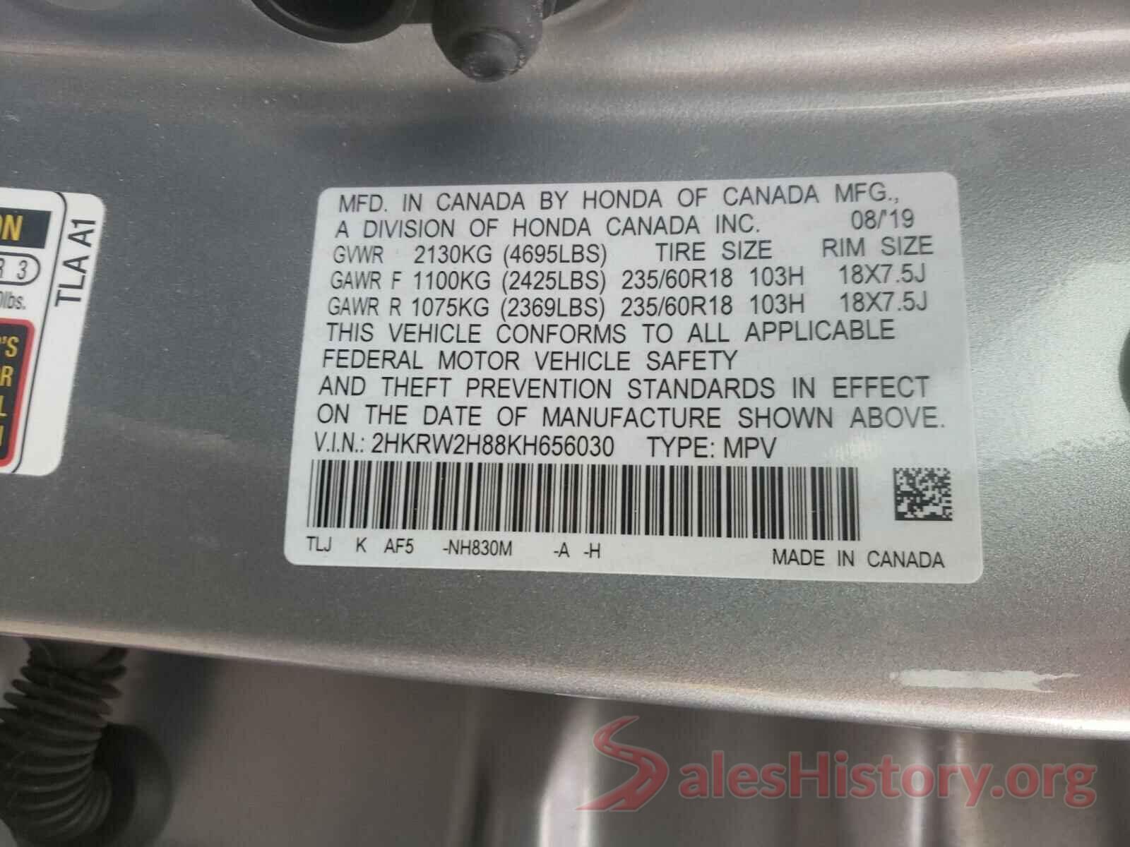 2HKRW2H88KH656030 2019 HONDA CRV