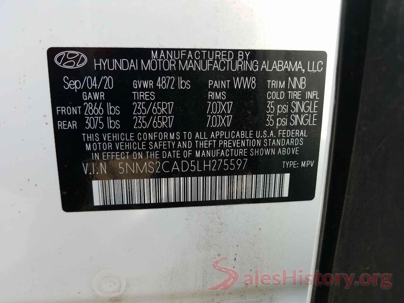 5NMS2CAD5LH275597 2020 HYUNDAI SANTA FE