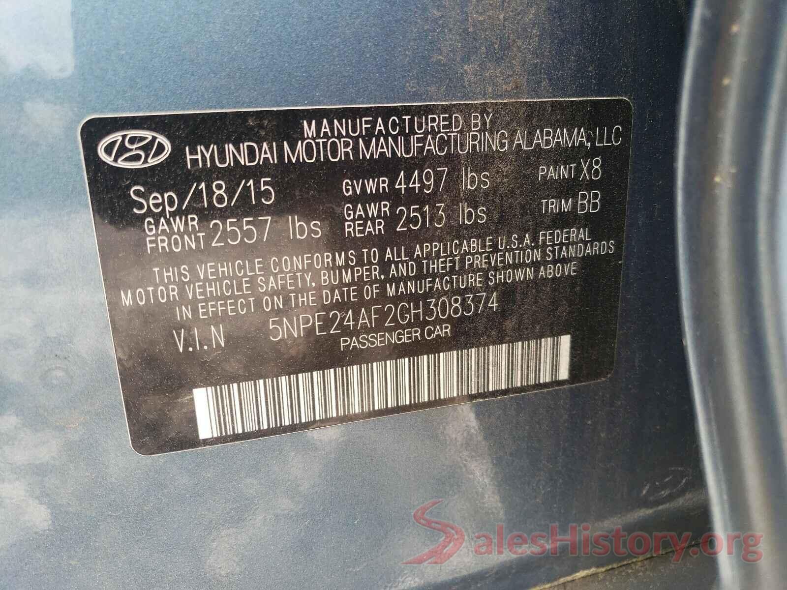 5NPE24AF2GH308374 2016 HYUNDAI SONATA