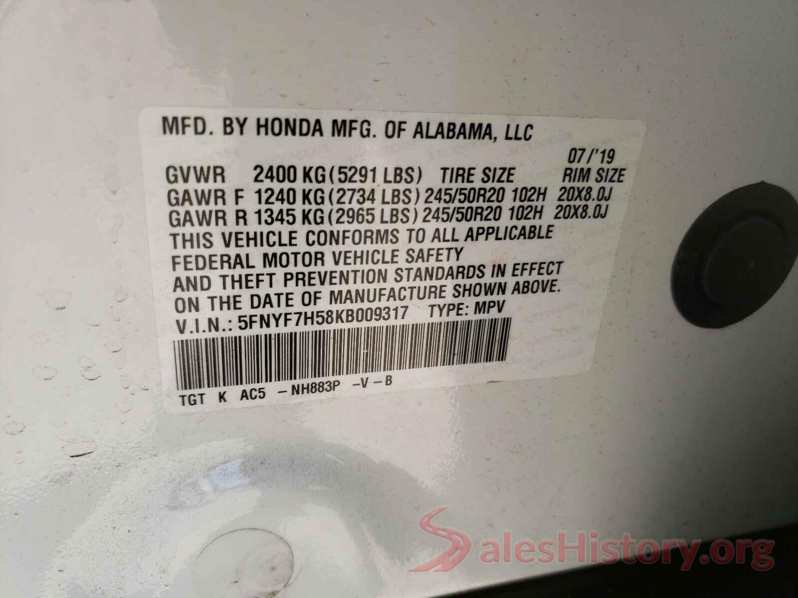 5FNYF7H58KB009317 2019 HONDA PASSPORT