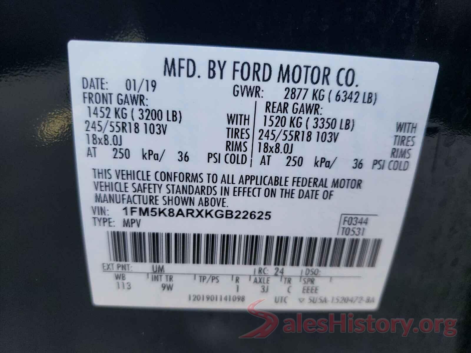 1FM5K8ARXKGB22625 2019 FORD EXPLORER