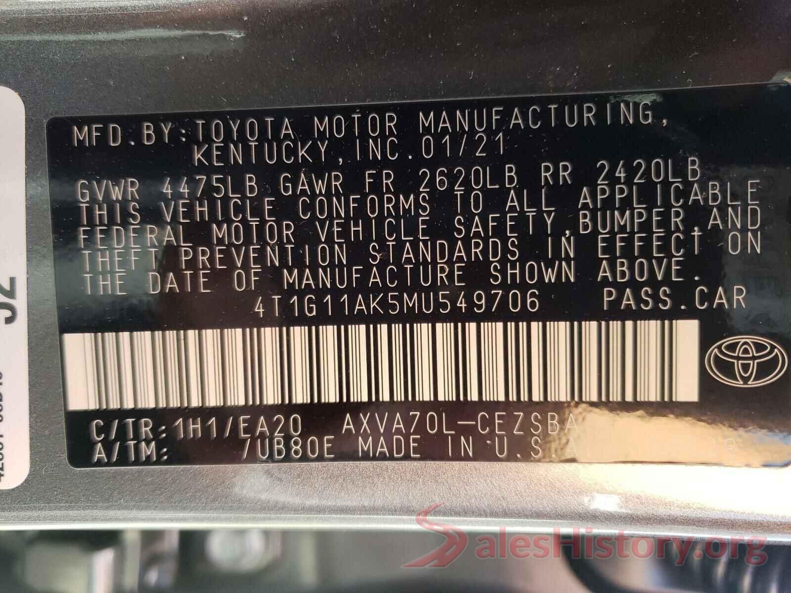 4T1G11AK5MU549706 2021 TOYOTA CAMRY