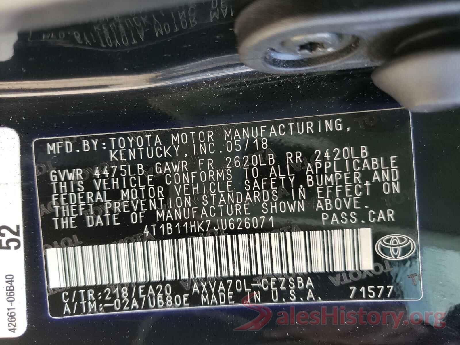 4T1B11HK7JU626071 2018 TOYOTA CAMRY