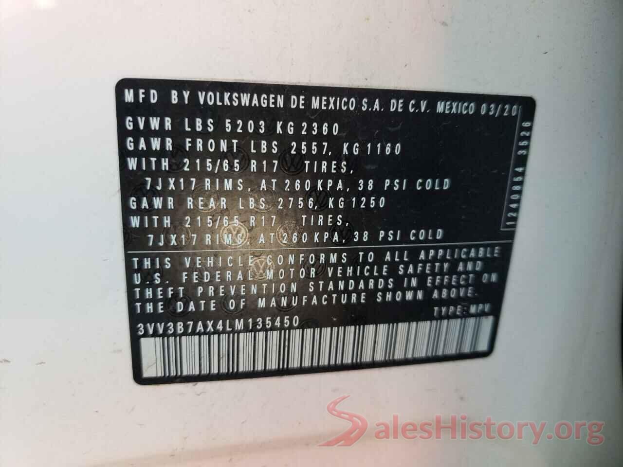 3VV3B7AX4LM135450 2020 VOLKSWAGEN TIGUAN