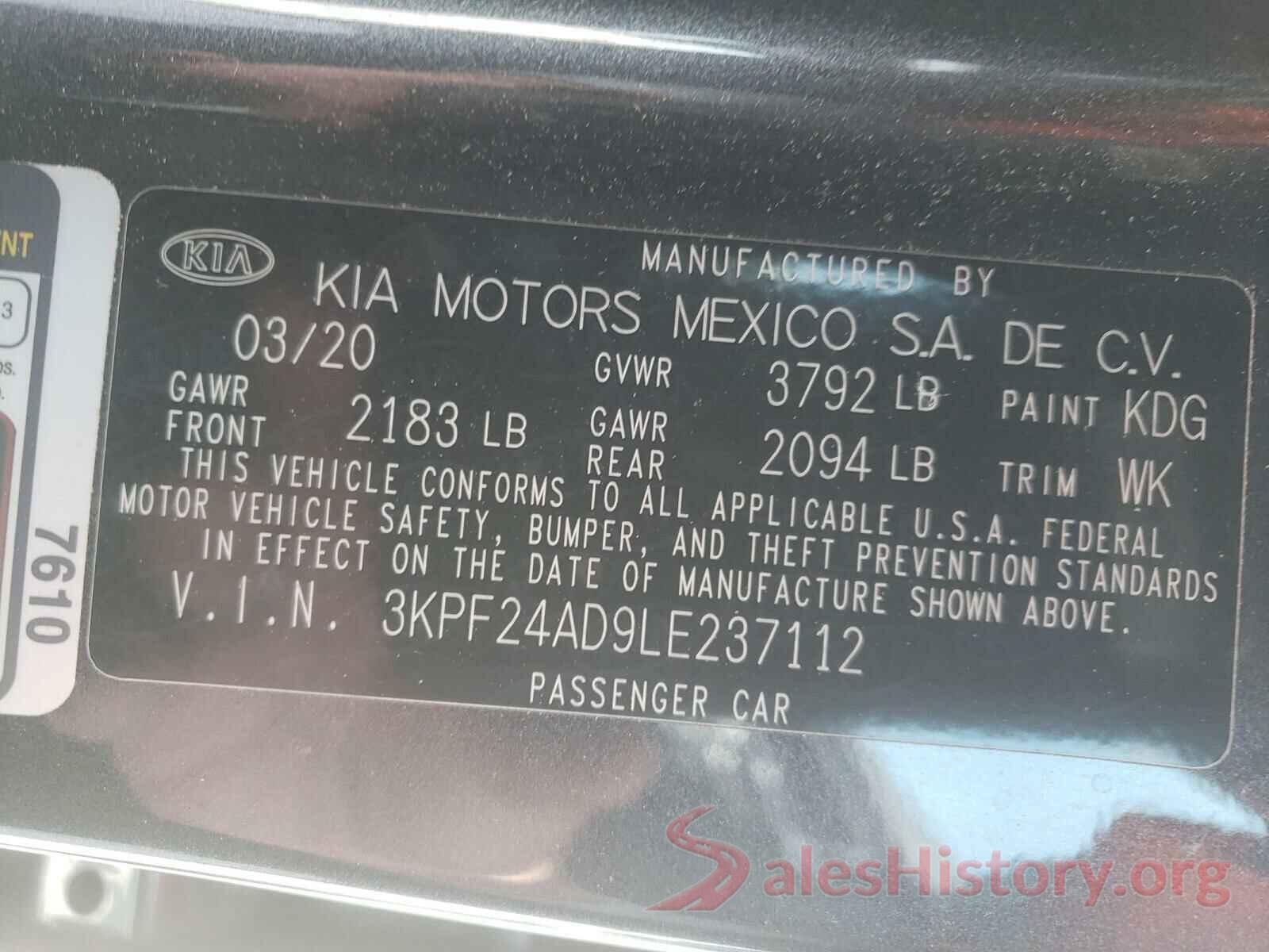 3KPF24AD9LE237112 2020 KIA FORTE