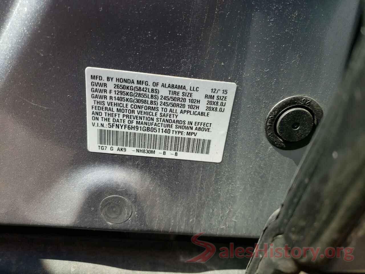 5FNYF6H91GB051140 2016 HONDA PILOT