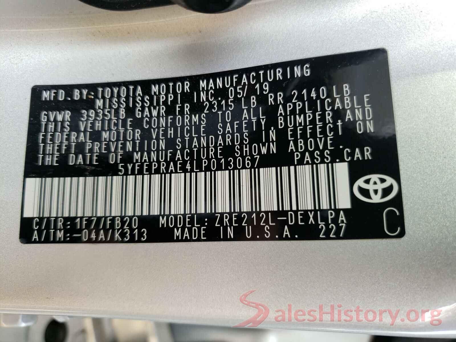 5YFEPRAE4LP013067 2020 TOYOTA COROLLA